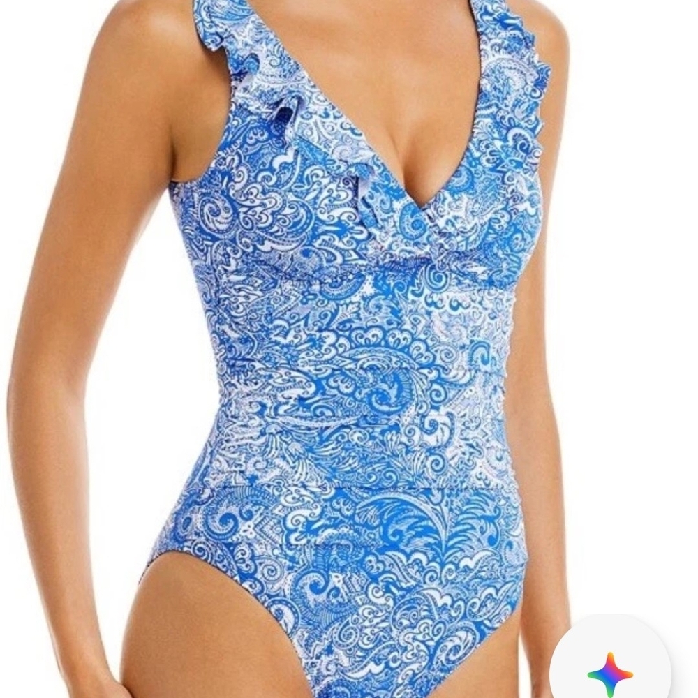 LRL Ralph Lauren One Piece Swimsuit Sz 16 Blue White Underwire Ruffle Womens NWT